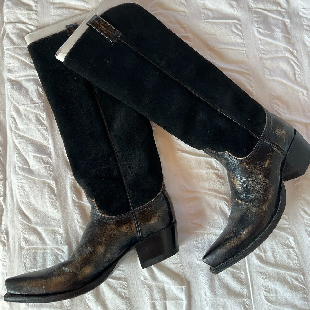 Vintage Frye Black Suede and Distressed Leather Tall Cowboy Boot, Size 8